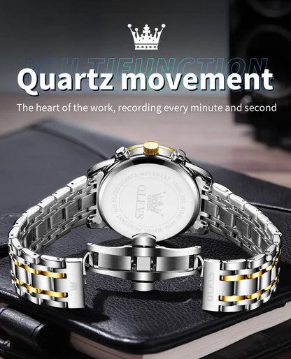Reloj de hombre de acero con fase lunar y cronógrafo, sumergible