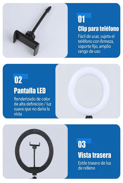Aro de luz LED de 26 cm con trípode para selfies y fotografía