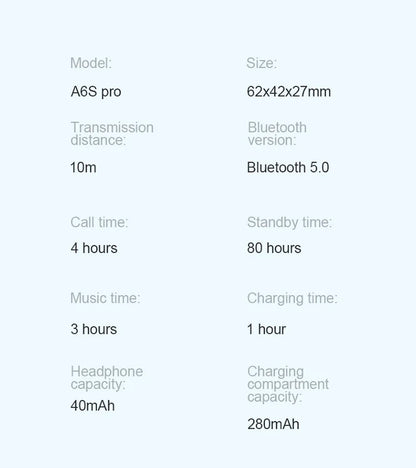 Mini auriculares TWS A6S Bluetooth auriculares intrauditivos inalámbricos Control táctil carga portátil para teléfono Android