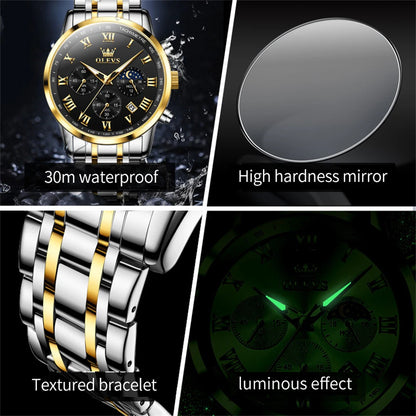 Reloj de hombre de acero con fase lunar y cronógrafo, sumergible