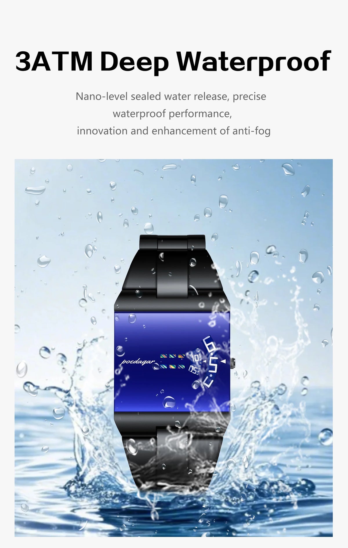 Reloj de hombre rectangular de acero inoxidable, con caja de regalo
