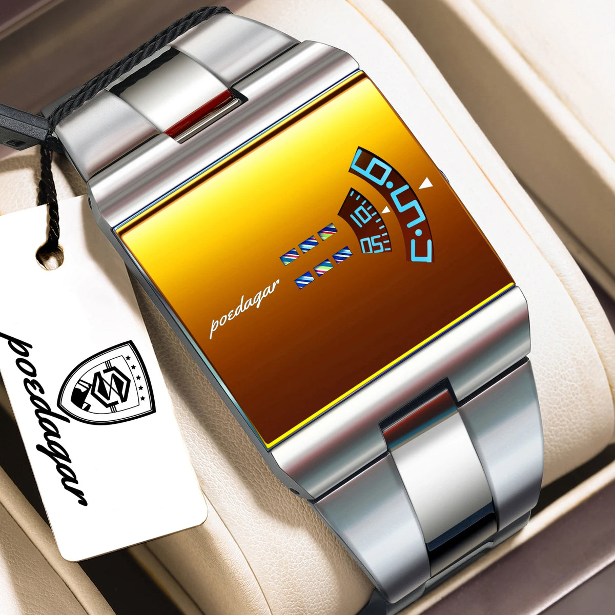 Reloj de hombre rectangular de acero inoxidable, con caja de regalo