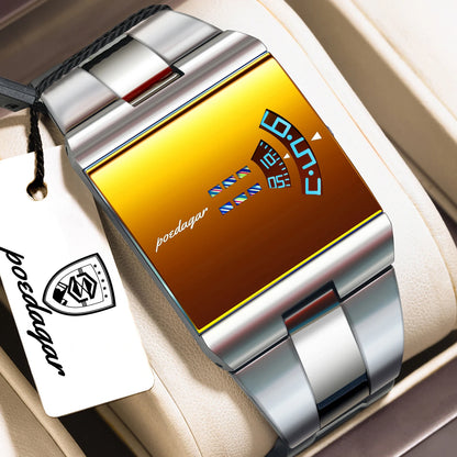 Reloj de hombre rectangular de acero inoxidable, con caja de regalo
