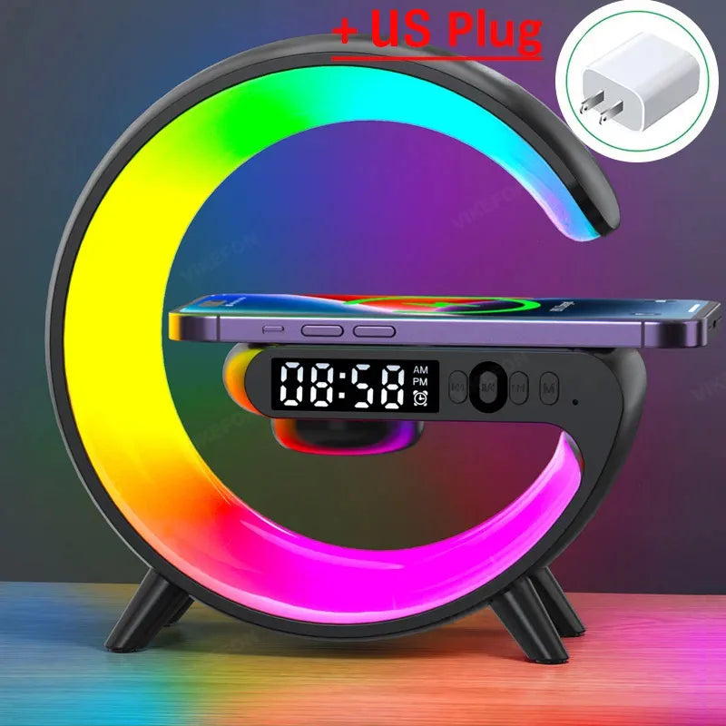 Soporte de cargador inalámbrico multifunción, altavoz despertador con luz RGB para iPhone, Samsung, Xiaomi, Mini estación de carga rápida