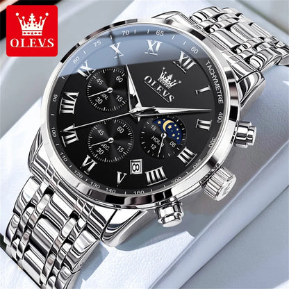 Reloj de hombre de acero con fase lunar y cronógrafo, sumergible