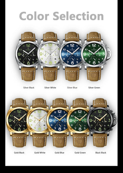 Reloj militar de hombre con correa de piel, sumergible y agujas luminosas