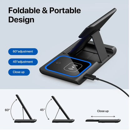 Base de Carga Inalámbrica Rápida LED 3 en 1, Plegable, para iPhone 17/16/15/14, Apple Watch 9 8 7 6 5, Airpods Pro