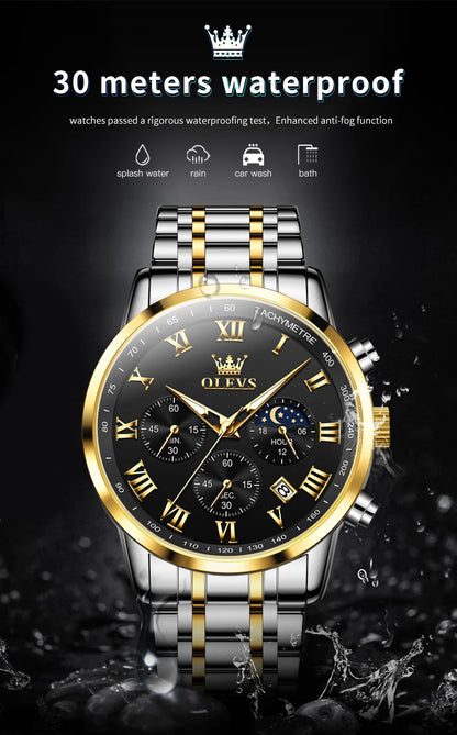 Reloj de hombre de acero con fase lunar y cronógrafo, sumergible