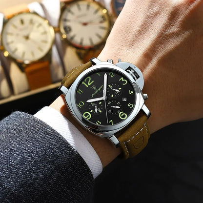 Reloj militar de hombre con correa de piel, sumergible y agujas luminosas