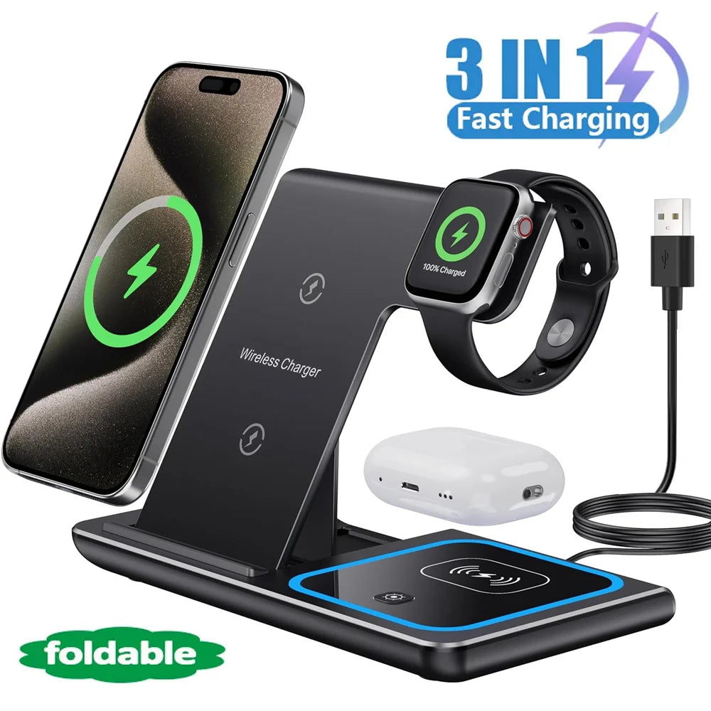 Base de Carga Inalámbrica Rápida LED 3 en 1, Plegable, para iPhone 17/16/15/14, Apple Watch 9 8 7 6 5, Airpods Pro