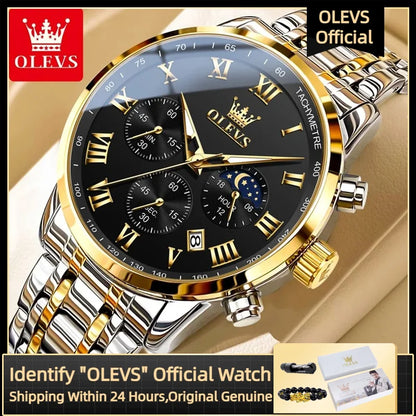 Reloj de hombre de acero con fase lunar y cronógrafo, sumergible