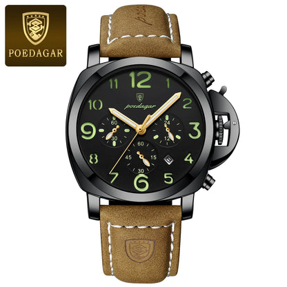 Reloj militar de hombre con correa de piel, sumergible y agujas luminosas