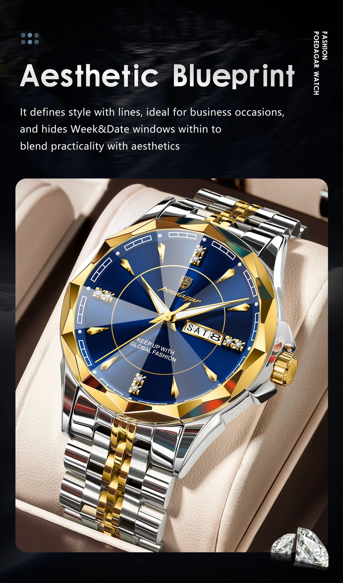Reloj de hombre de acero inoxidable, sumergible, con fecha y día de la semana
