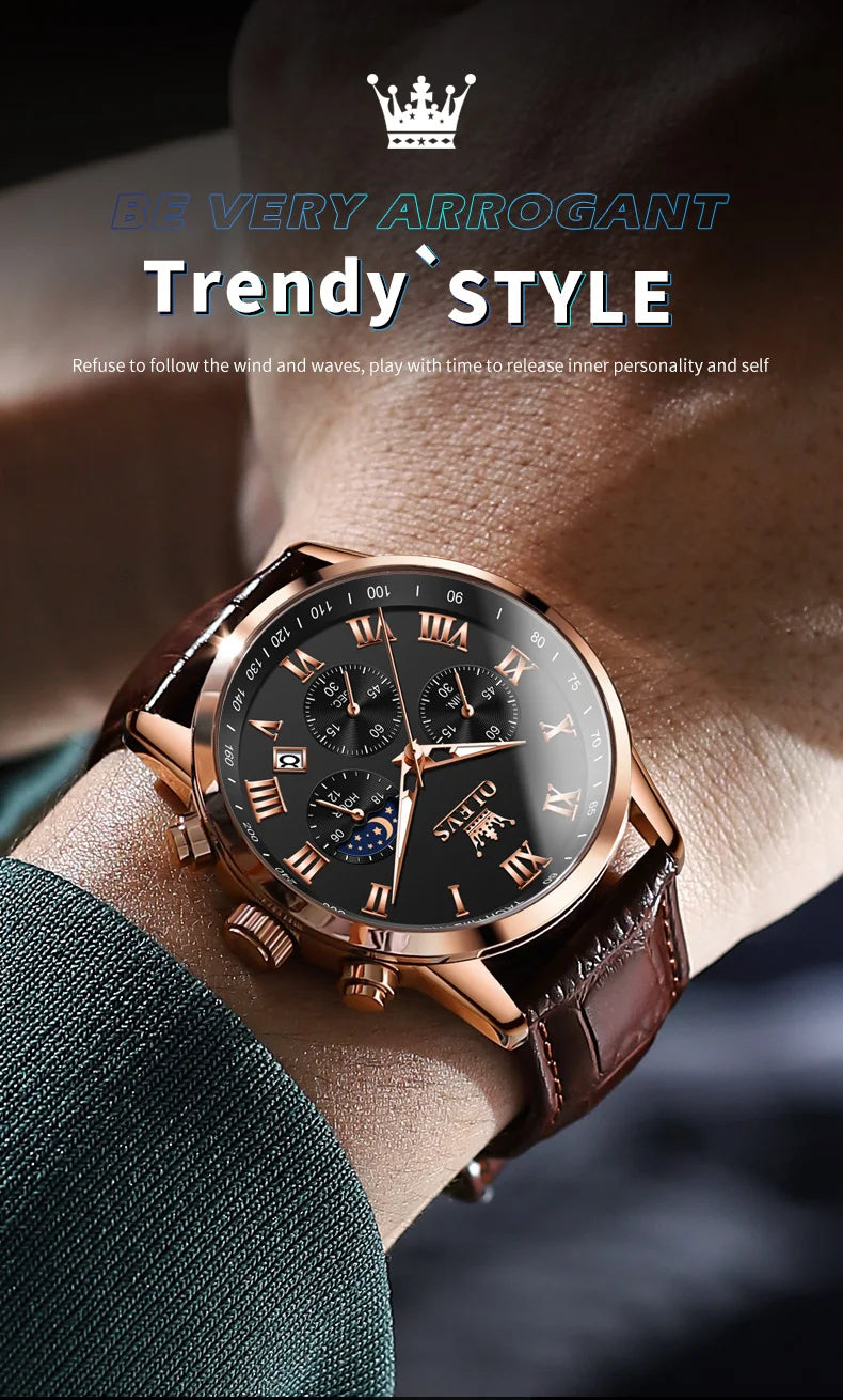 Reloj de hombre de acero con fase lunar y cronógrafo, sumergible
