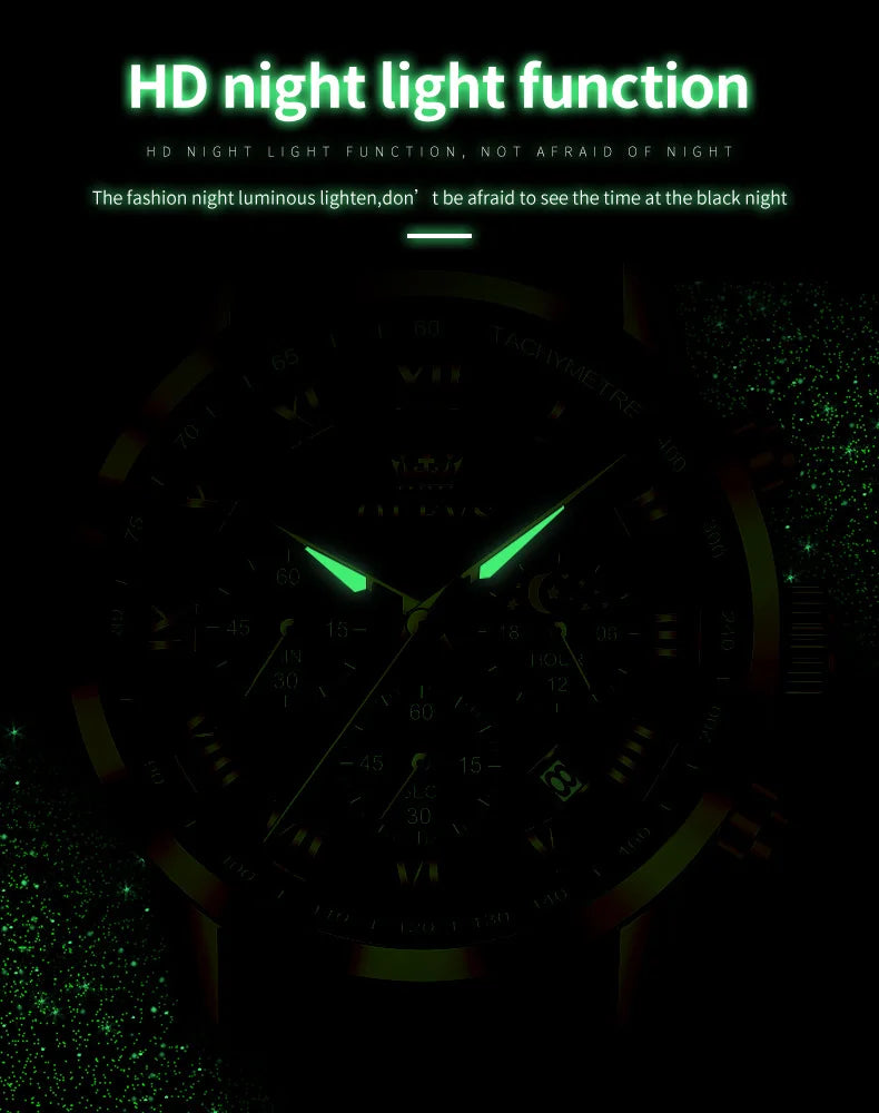 Reloj de hombre de acero con fase lunar y cronógrafo, sumergible