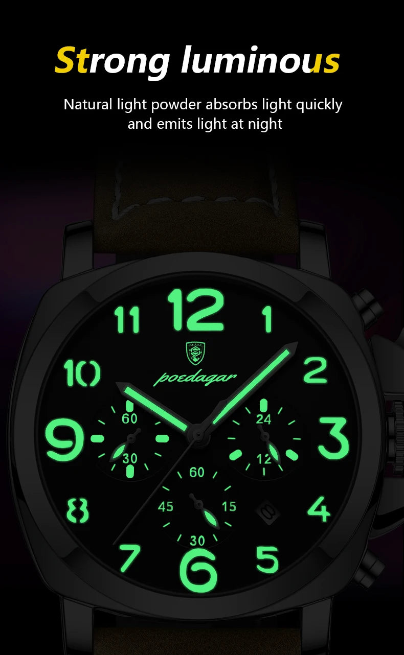 Reloj militar de hombre con correa de piel, sumergible y agujas luminosas