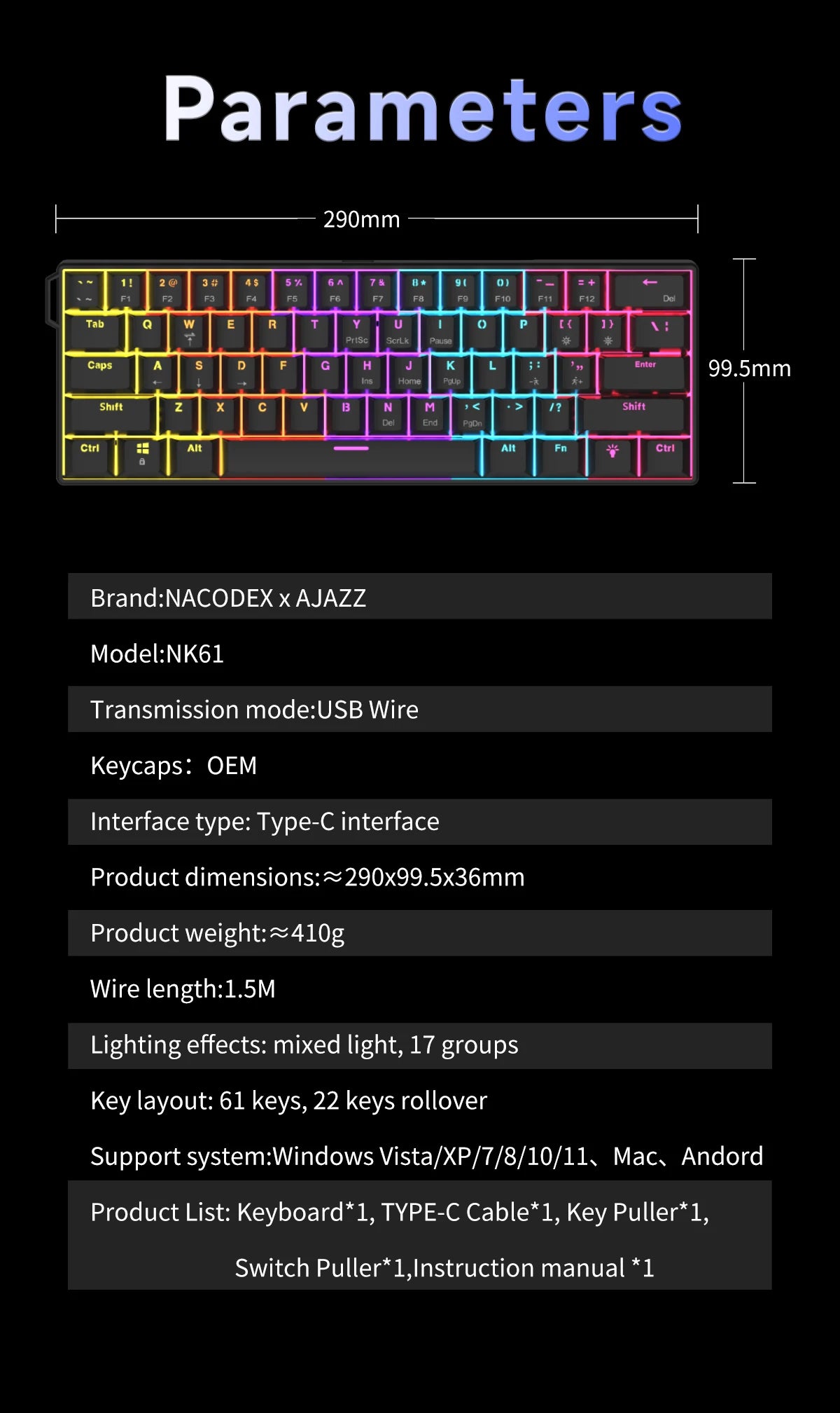 Teclado mecánico gamer compacto de 61 teclas con RGB, switches intercambiables