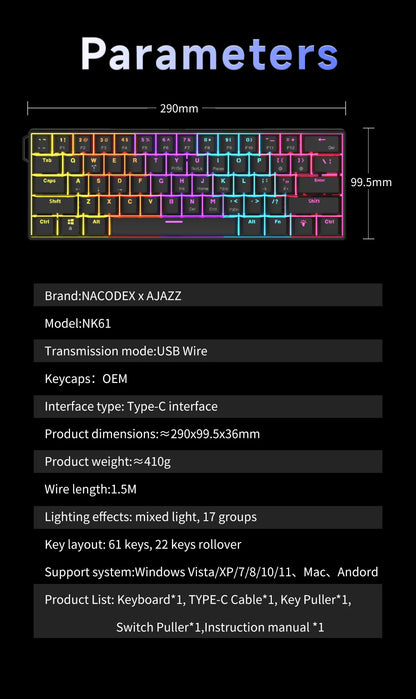 Teclado mecánico gamer compacto de 61 teclas con RGB, switches intercambiables
