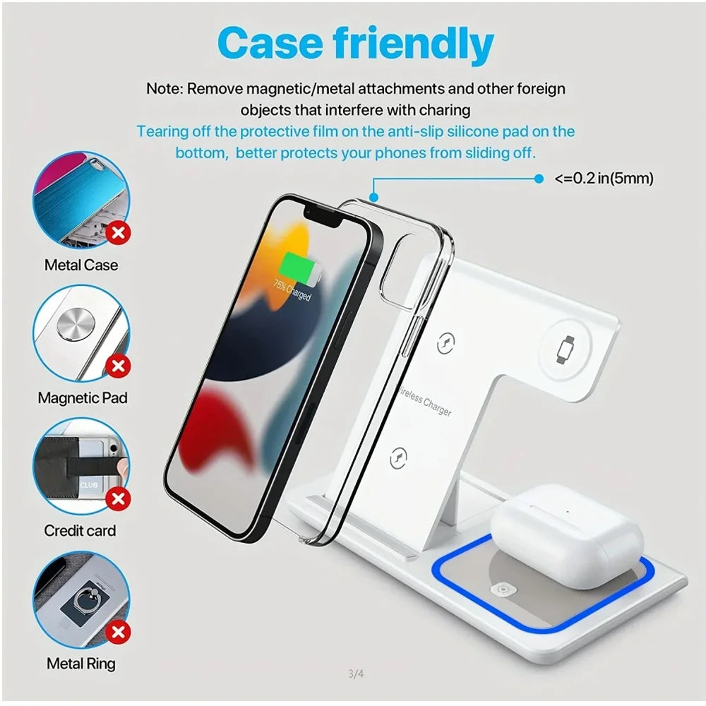 Base de Carga Inalámbrica Rápida LED 3 en 1, Plegable, para iPhone 17/16/15/14, Apple Watch 9 8 7 6 5, Airpods Pro