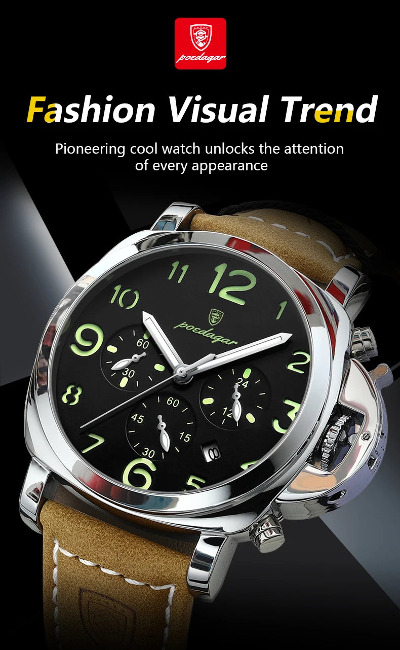 Reloj militar de hombre con correa de piel, sumergible y agujas luminosas