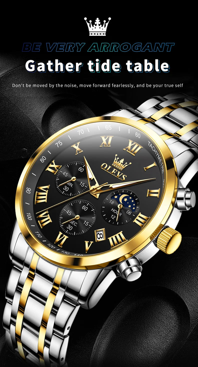 Reloj de hombre de acero con fase lunar y cronógrafo, sumergible