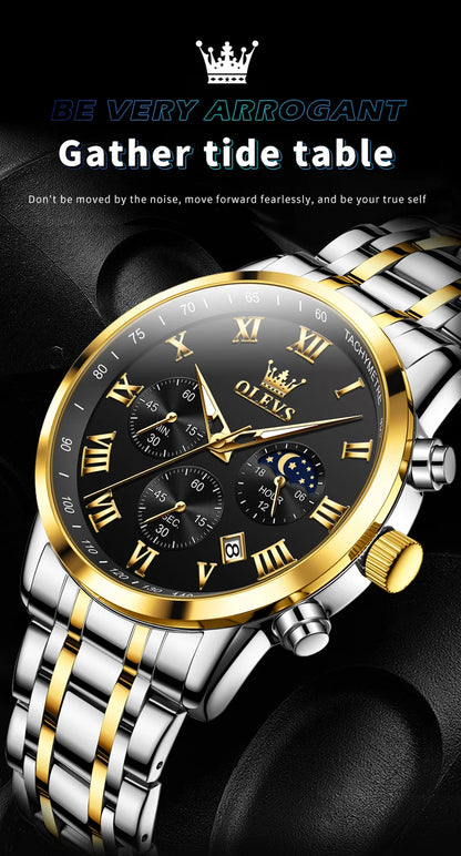 Reloj de hombre de acero con fase lunar y cronógrafo, sumergible