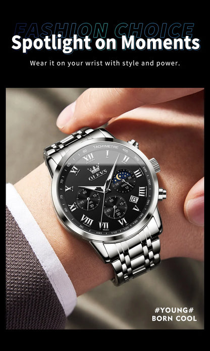 Reloj de hombre de acero con fase lunar y cronógrafo, sumergible