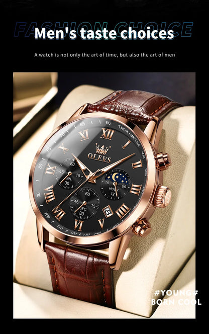 Reloj de hombre de acero con fase lunar y cronógrafo, sumergible