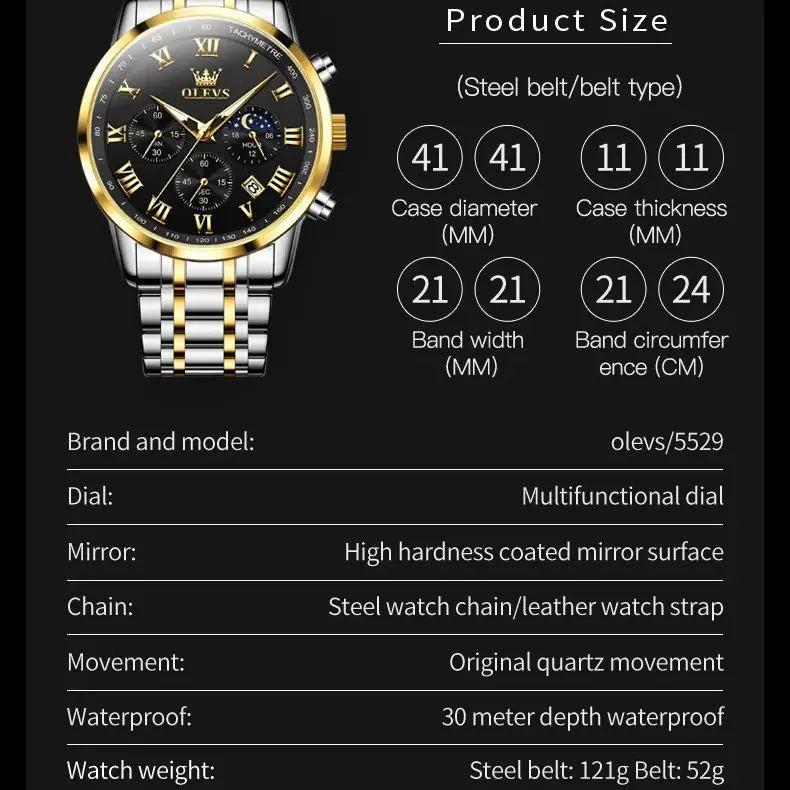 Reloj de hombre de acero con fase lunar y cronógrafo, sumergible