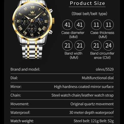 Reloj de hombre de acero con fase lunar y cronógrafo, sumergible