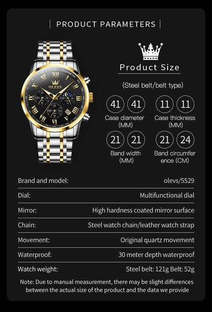Reloj de hombre de acero con fase lunar y cronógrafo, sumergible