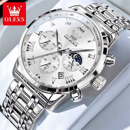Reloj de hombre de acero con fase lunar y cronógrafo, sumergible