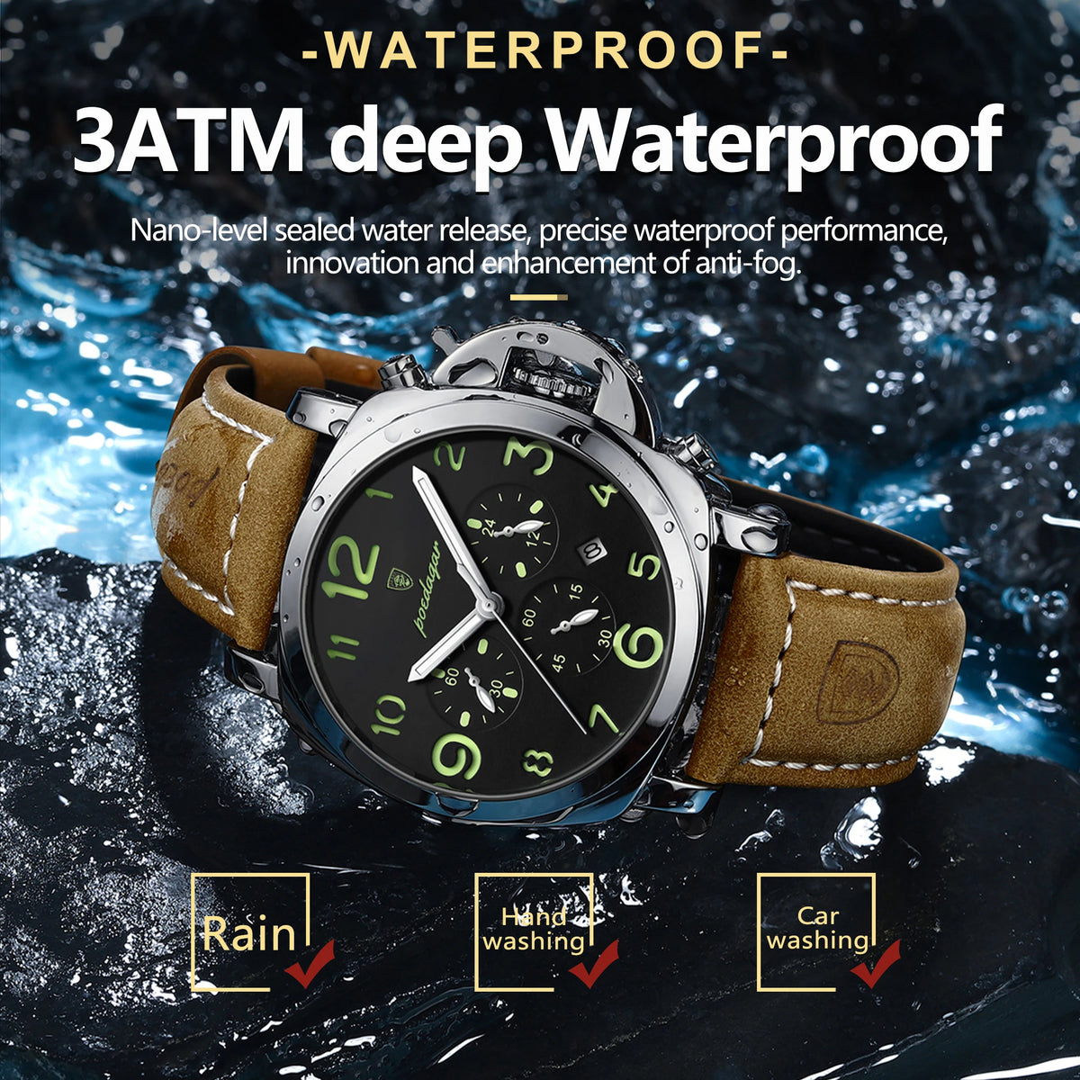Reloj militar de hombre con correa de piel, sumergible y agujas luminosas