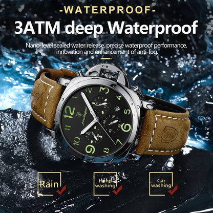 Reloj militar de hombre con correa de piel, sumergible y agujas luminosas