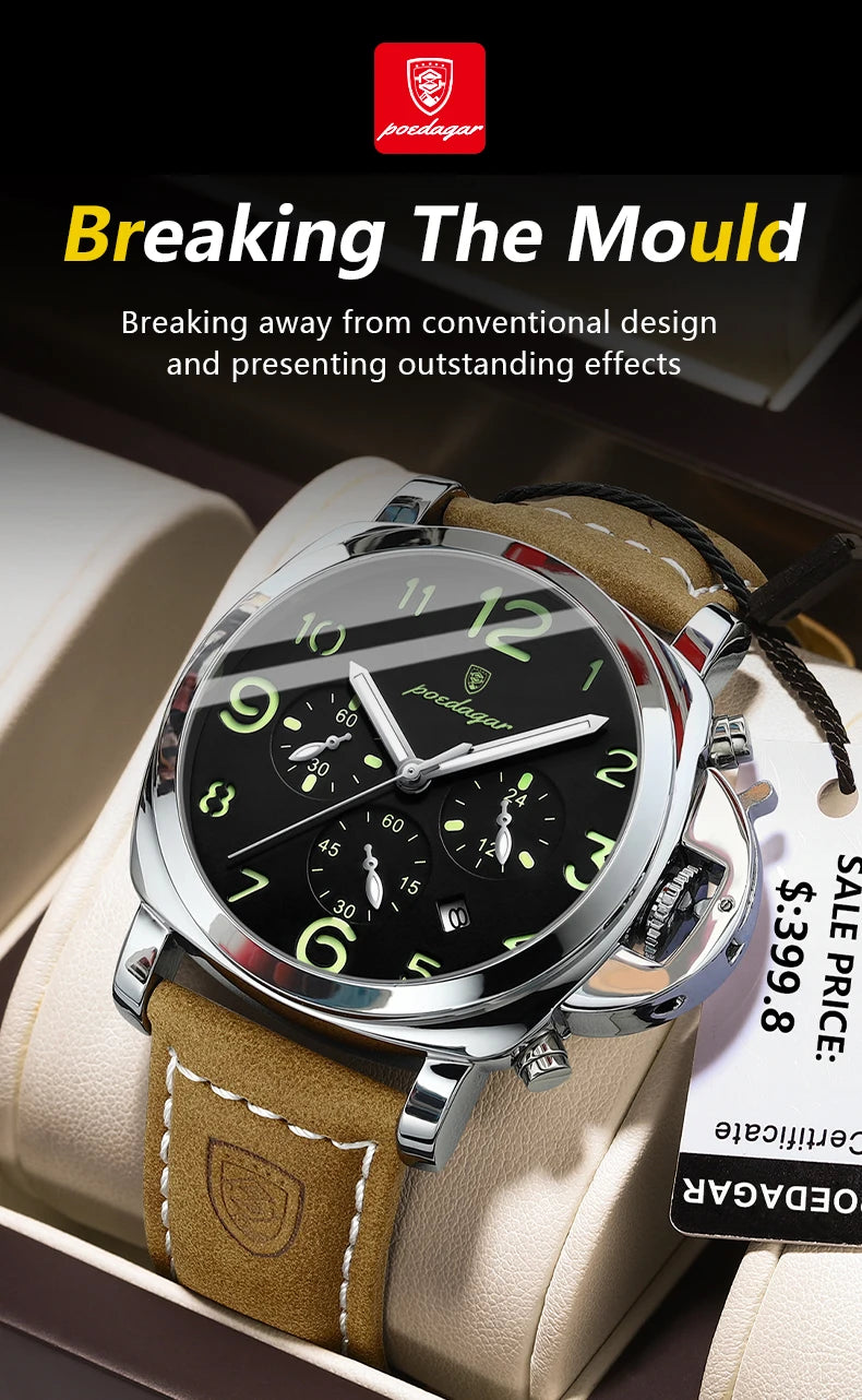 Reloj militar de hombre con correa de piel, sumergible y agujas luminosas