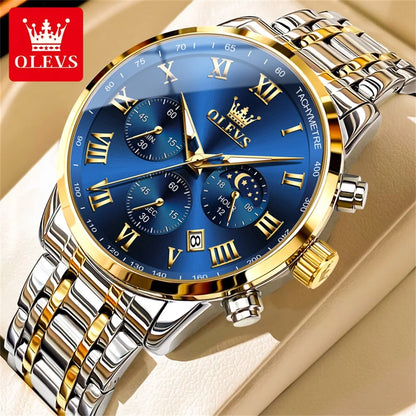 Reloj de hombre de acero con fase lunar y cronógrafo, sumergible