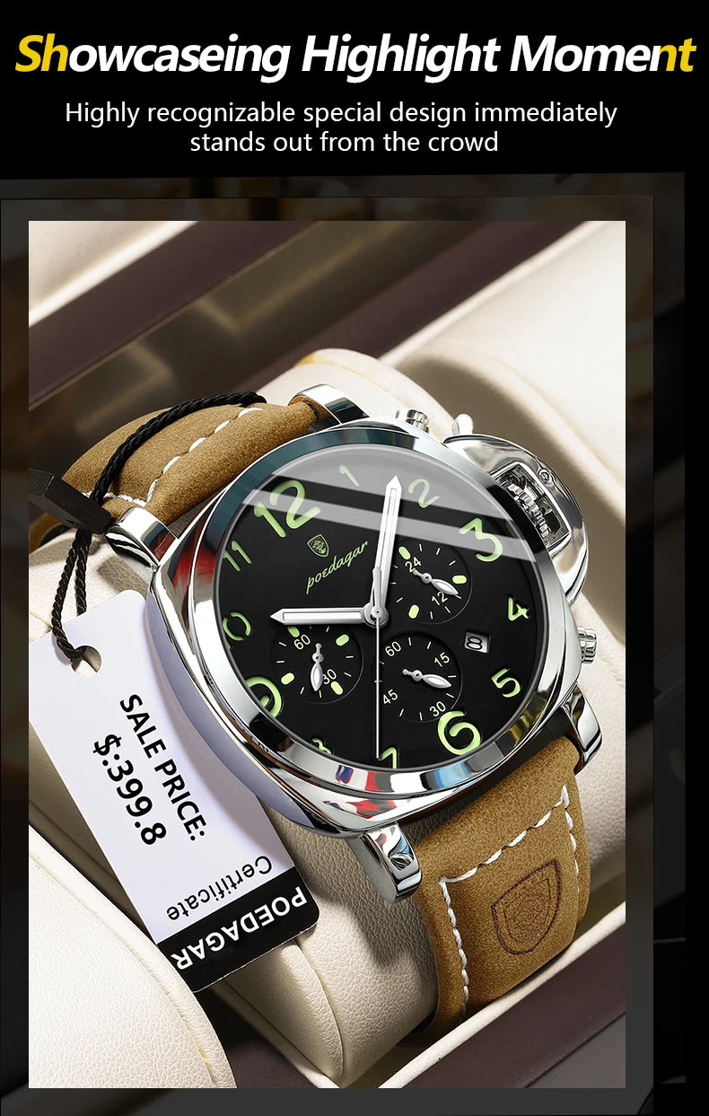 Reloj militar de hombre con correa de piel, sumergible y agujas luminosas