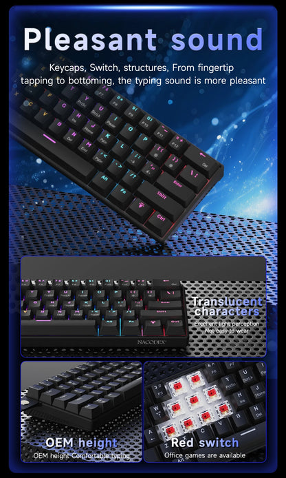 Teclado mecánico gamer compacto de 61 teclas con RGB, switches intercambiables