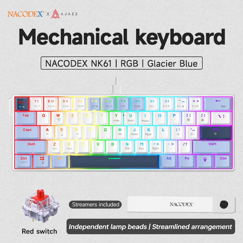 Teclado mecánico gamer compacto de 61 teclas con RGB, switches intercambiables