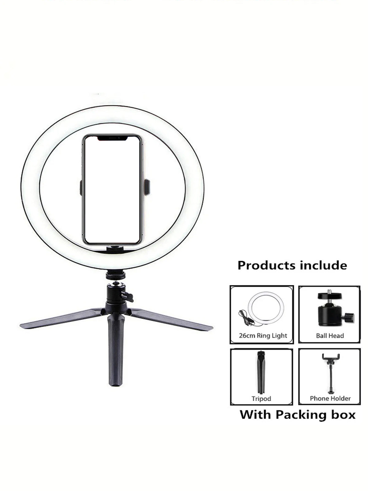 Aro de luz LED de 26 cm con trípode para selfies y fotografía