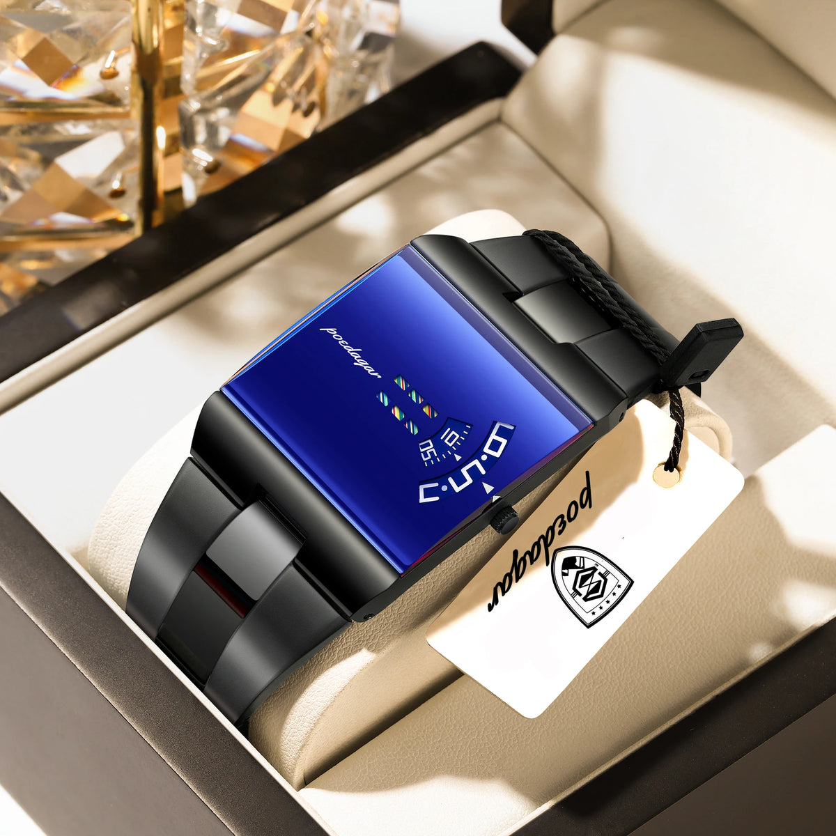 Reloj de hombre rectangular de acero inoxidable, con caja de regalo