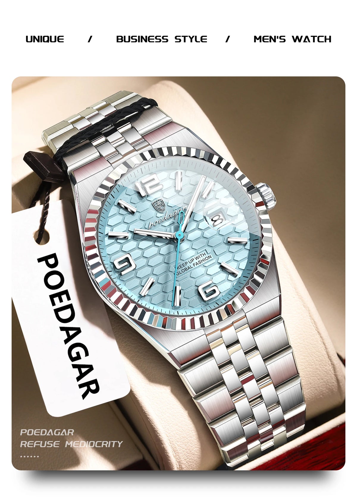 Reloj POEDAGAR de acero inoxidable para hombre, sumergible y con fecha