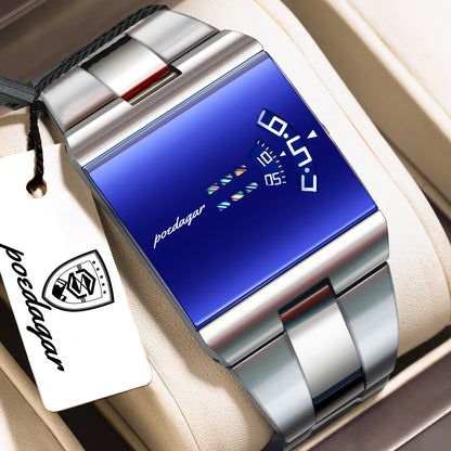 Reloj de hombre rectangular de acero inoxidable, con caja de regalo
