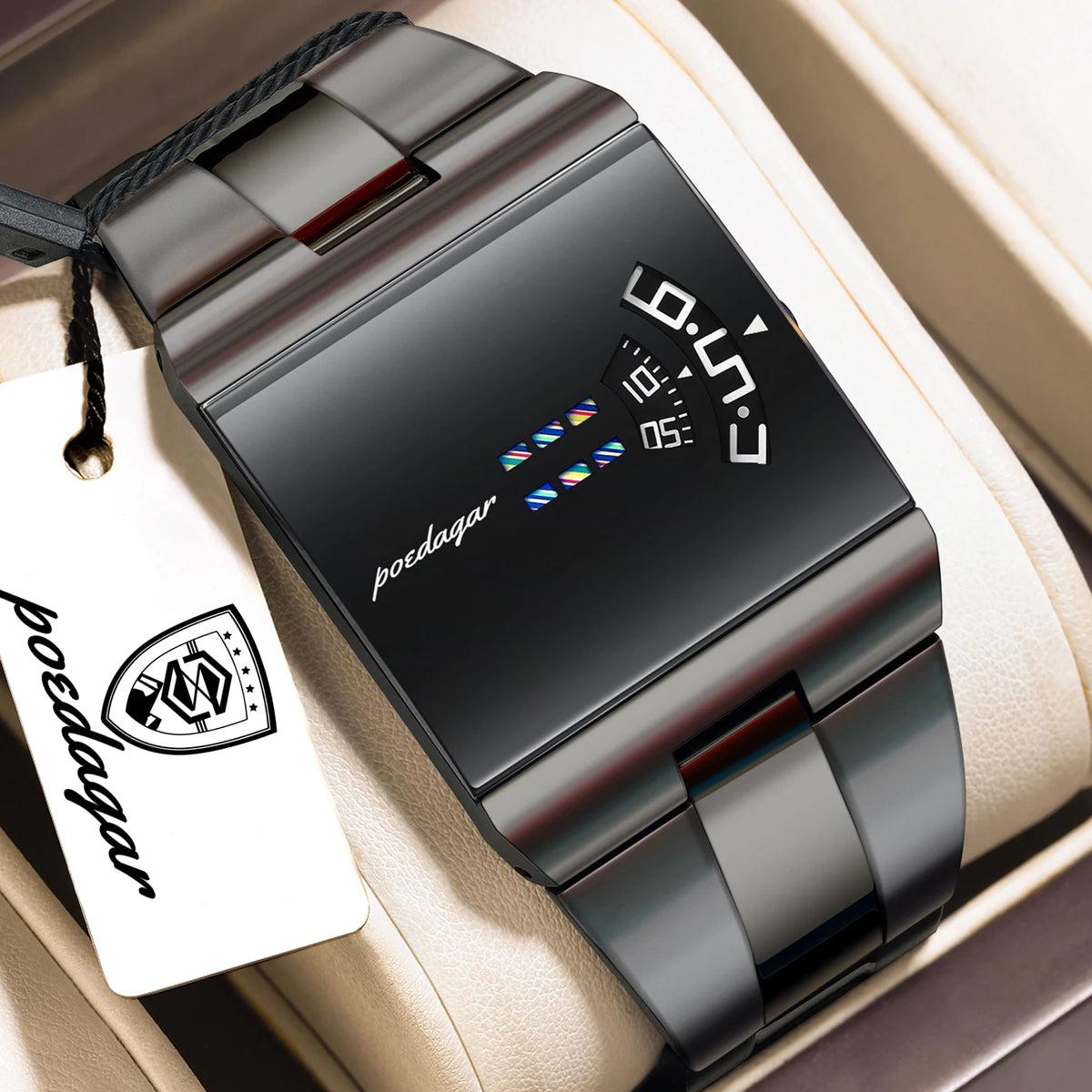 Reloj de hombre rectangular de acero inoxidable, con caja de regalo
