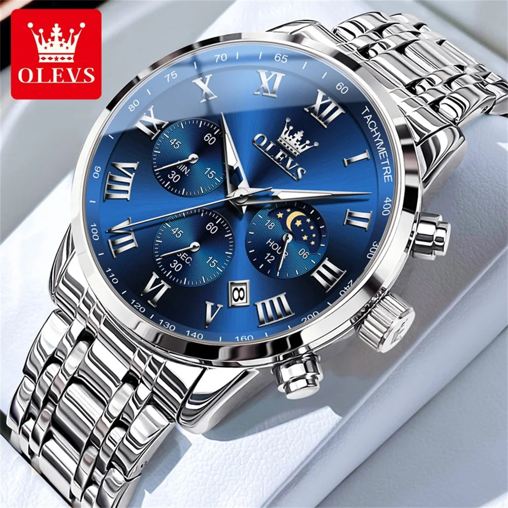 Reloj de hombre de acero con fase lunar y cronógrafo, sumergible