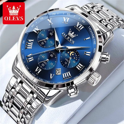 Reloj de hombre de acero con fase lunar y cronógrafo, sumergible