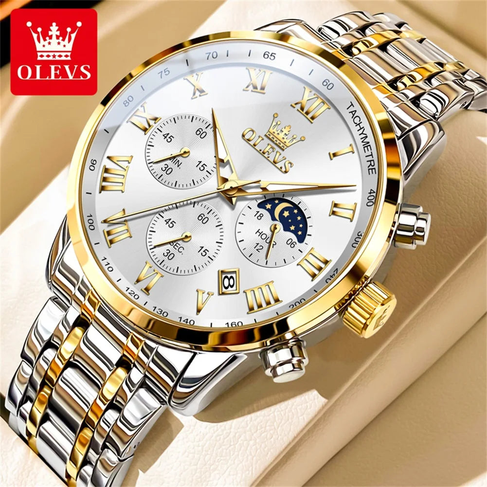 Reloj de hombre de acero con fase lunar y cronógrafo, sumergible