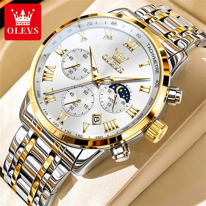 Reloj de hombre de acero con fase lunar y cronógrafo, sumergible