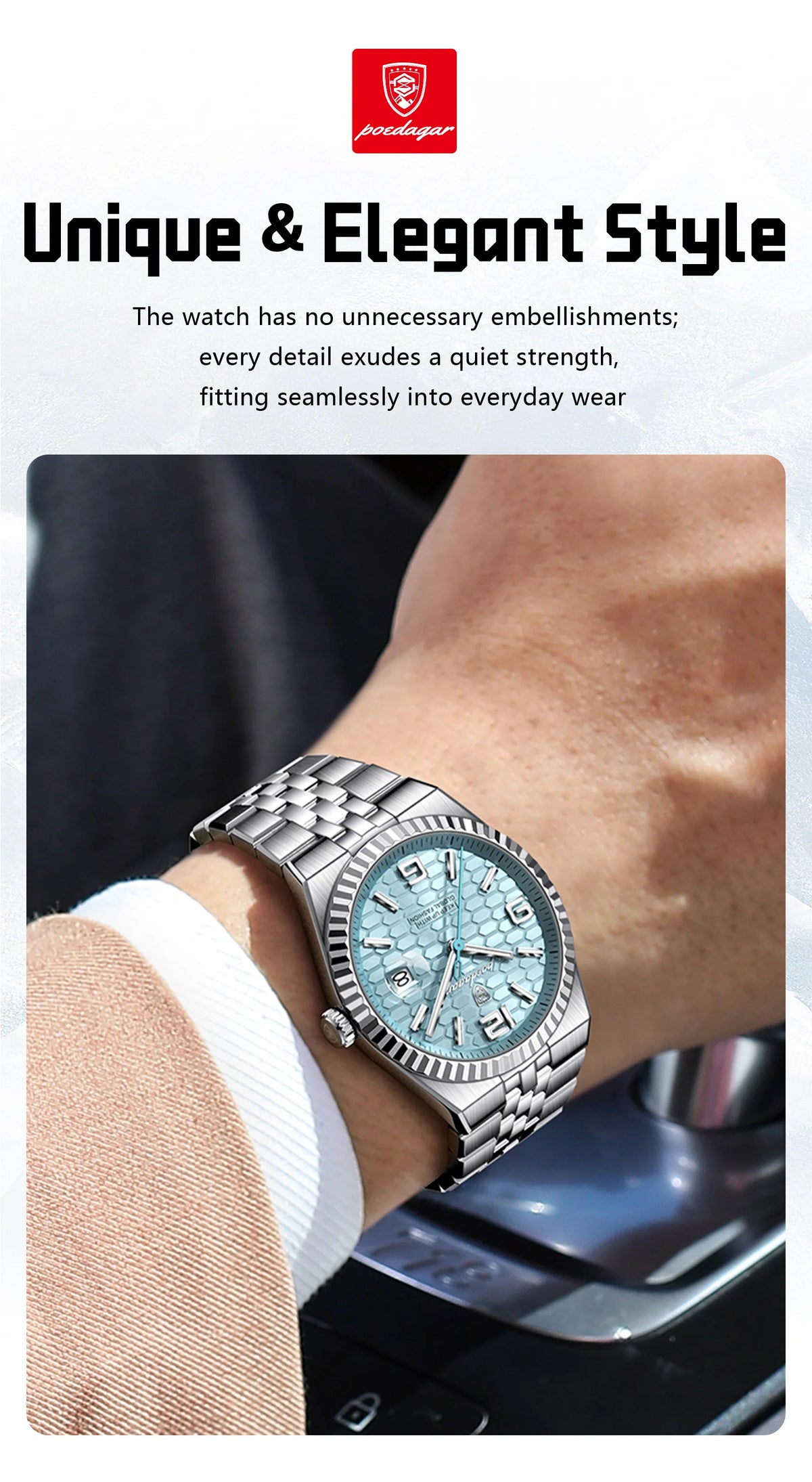 Reloj POEDAGAR de acero inoxidable para hombre, sumergible y con fecha