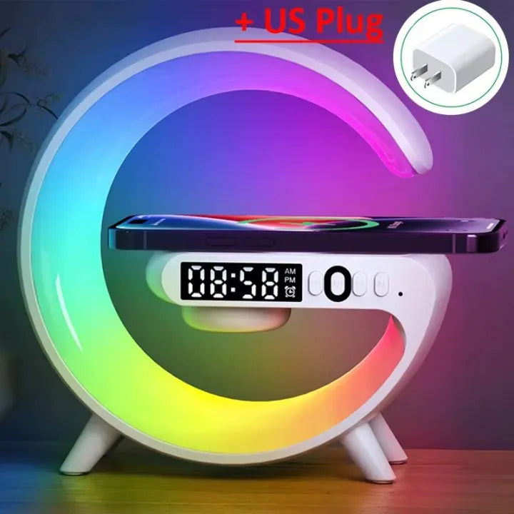 Soporte de cargador inalámbrico multifunción, altavoz despertador con luz RGB para iPhone, Samsung, Xiaomi, Mini estación de carga rápida